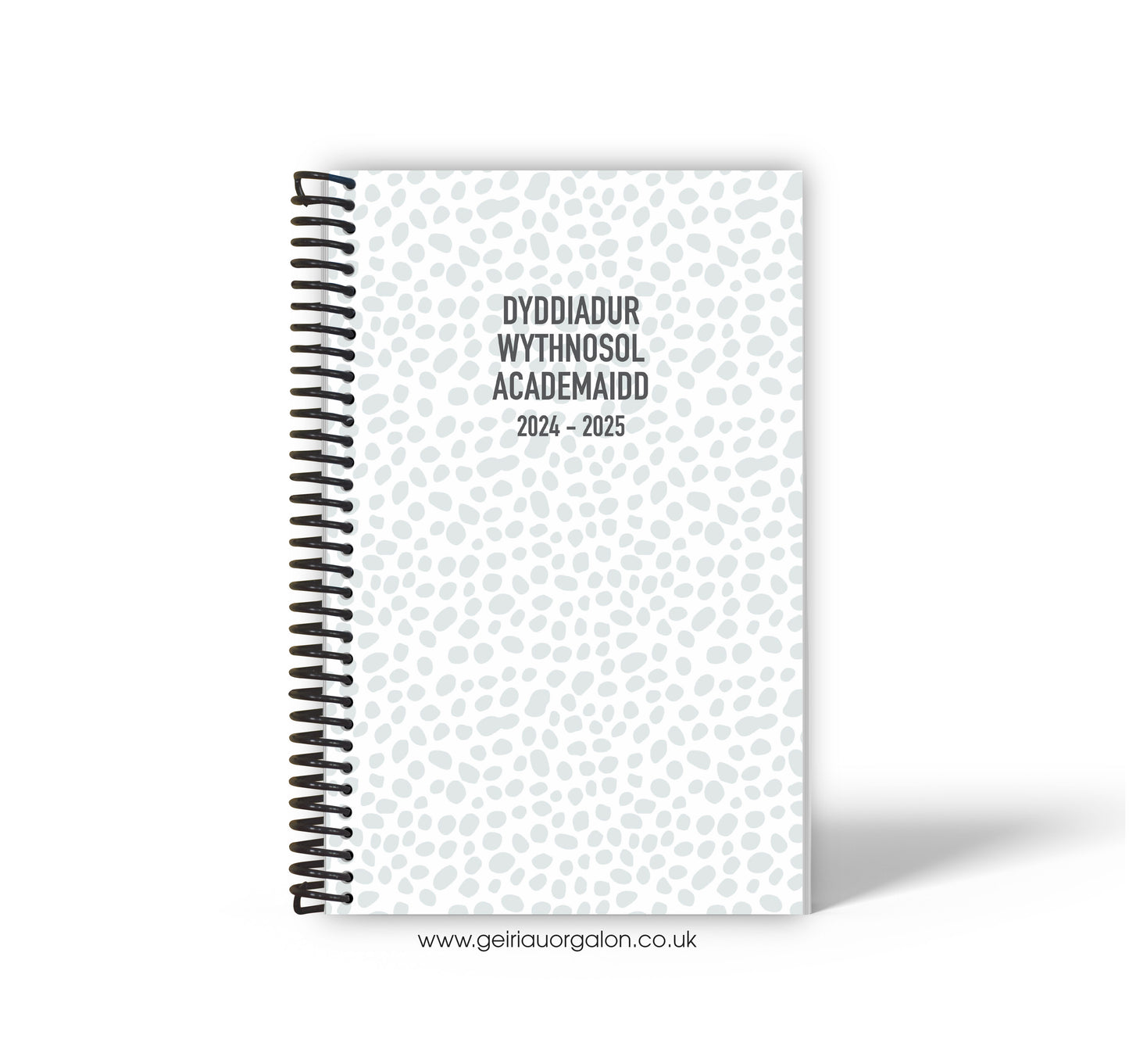 A4 Dyddiadur Wythnosol Academaidd NORMAL Spiralbound 2025-2026 (Smotiau Llwyd)  ­­