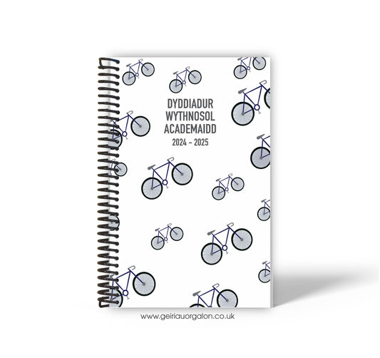 A4 Dyddiadur Wythnosol Academaidd NORMAL Spiralbound 2025-2026 (Beiciau Gwyn)  ­­­