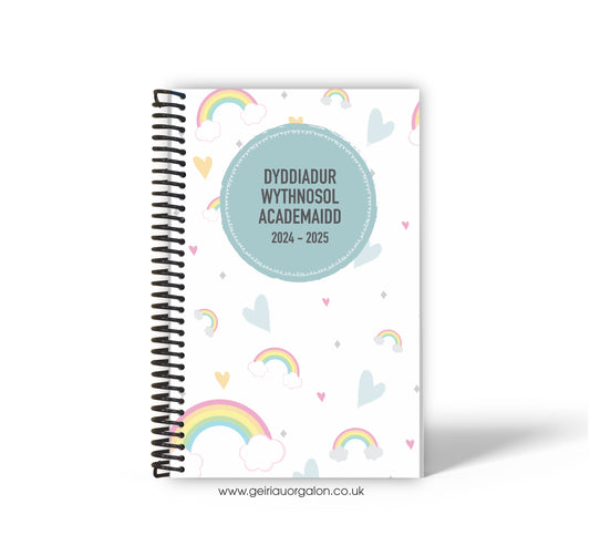 A4 Dyddiadur Wythnosol Academaidd NORMAL Spiralbound 2025-2026 (Enfys a Calonnau)  ­­­