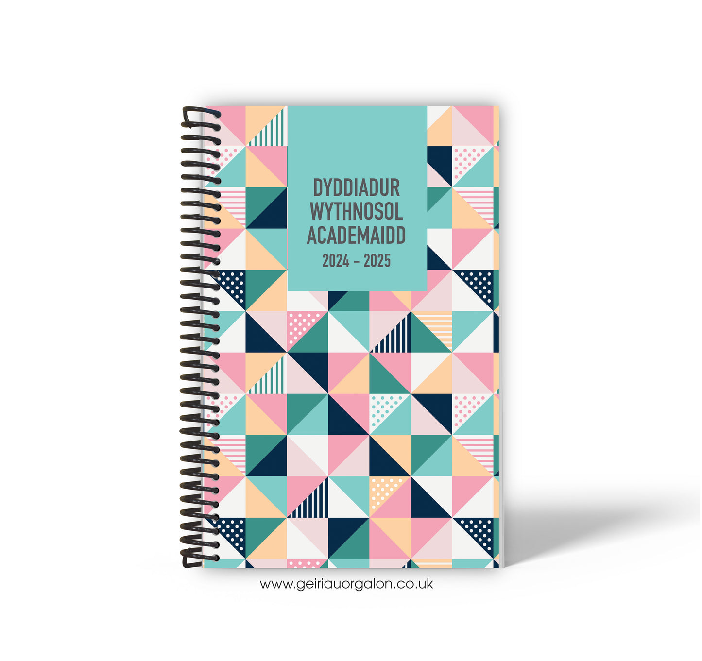 A4 Dyddiadur Wythnosol Academaidd NORMAL Spiralbound 2025-2026 (Trionglau Pinc a Gwyrdd)