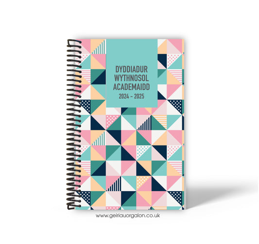 A4 Dyddiadur Wythnosol Academaidd NORMAL Spiralbound 2025-2026 (Trionglau Pinc a Gwyrdd)