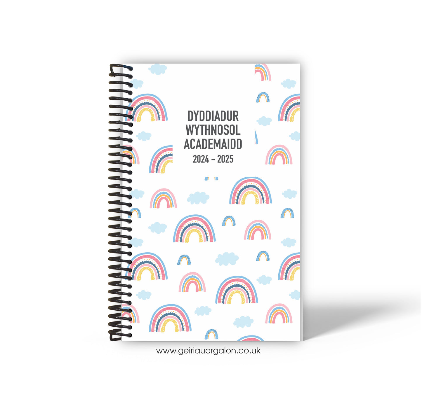 A4 Dyddiadur Wythnosol Academaidd NORMAL Spiralbound 2025-2026 (Enfys a Cymylau)