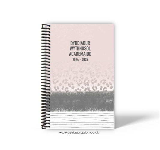 A4 Dyddiadur Wythnosol Academaidd NORMAL Spiralbound 2025-2026 (Pinc a Llwyd)