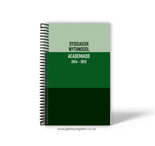 A4 Dyddiadur Wythnosol Academaidd NORMAL Spiralbound 2025-2026 (Streipiau Gwyrdd)