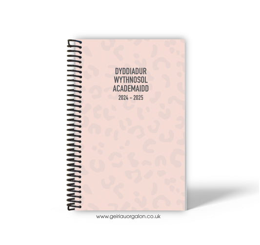 A4 Dyddiadur Wythnosol Academaidd NORMAL Spiralbound 2025-2026 (Llewpart Pinc)  ­­­