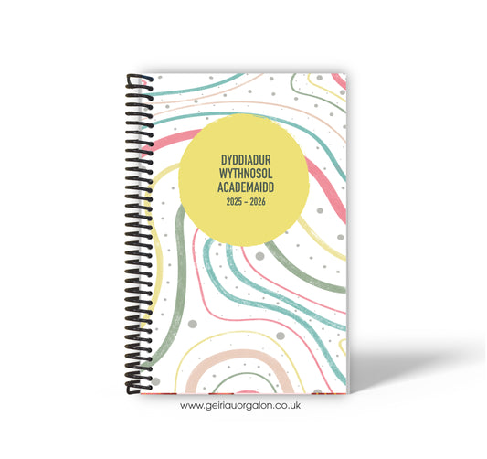 A4 Dyddiadur Wythnosol Academaidd NORMAL Spiralbound 2025-2026 (Chwyrliadau Lliwgar)